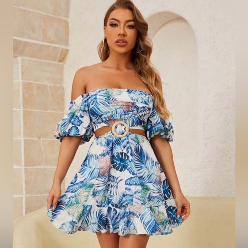 Off the Shoulder Blue Floral Cutout Dress
